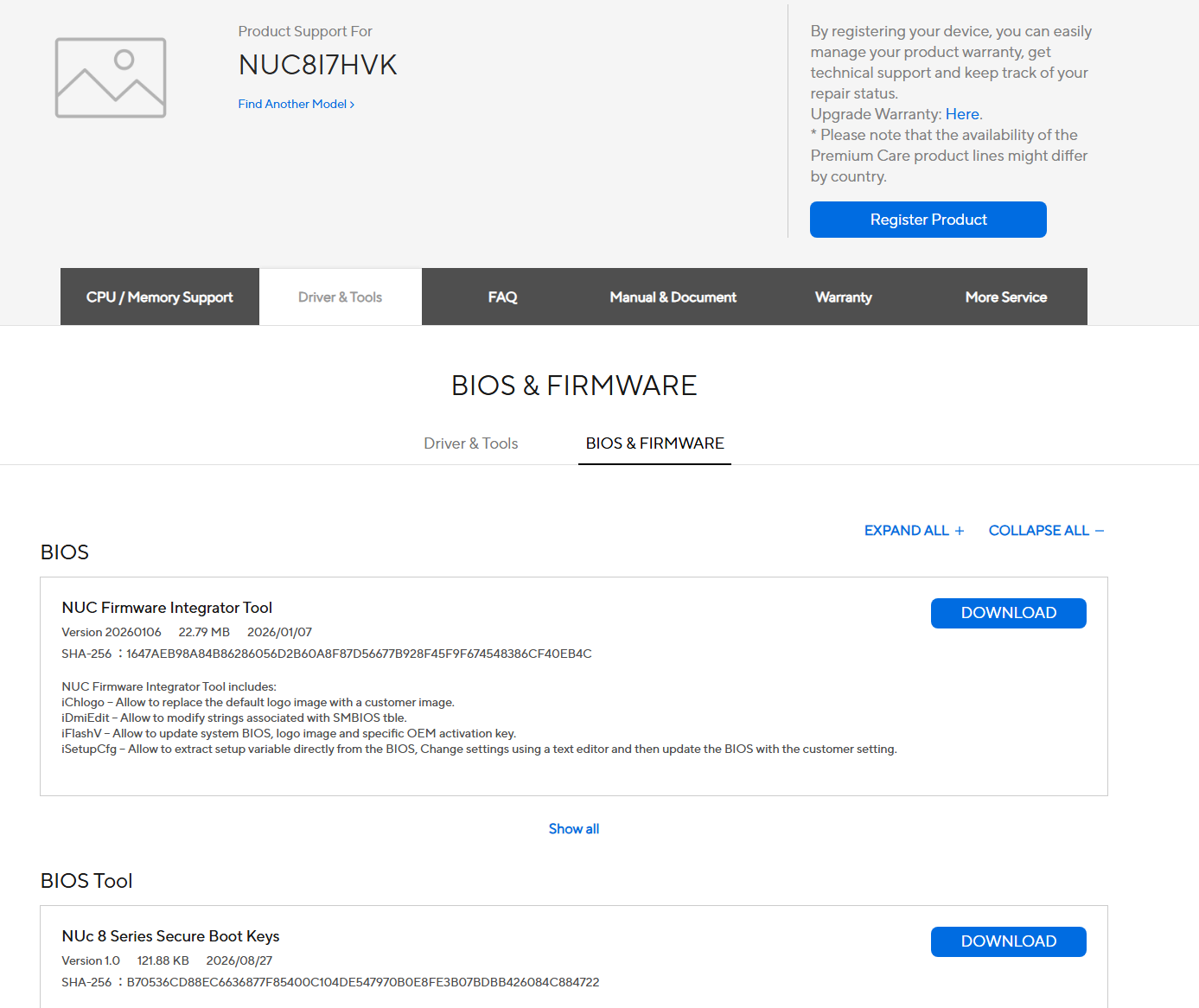 ASUSのNUC8i7HVKサポートページのBIOS & FIRMWARE